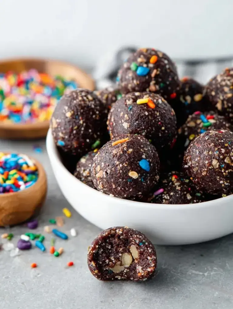Healthy Gluten-Free Cosmic Brownie Bites with chocolate ganache and colorful candies