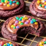 A tray of freshly baked Cosmic Brownie Cookies with glossy chocolate ganache and colorful rainbow chips