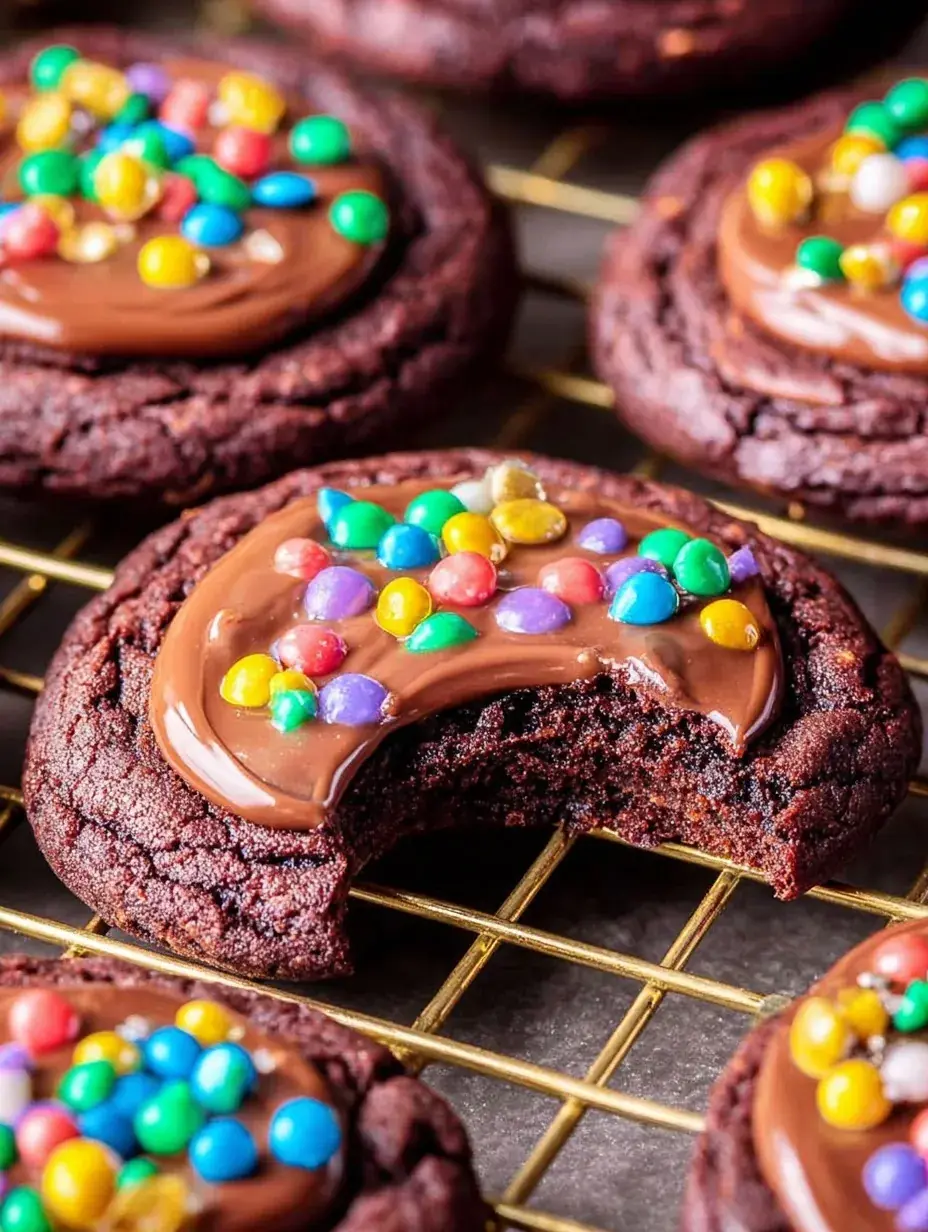 A tray of freshly baked Cosmic Brownie Cookies with glossy chocolate ganache and colorful rainbow chips