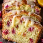 A sliced loaf of Cranberry Bread with Orange Glaze on a wooden board