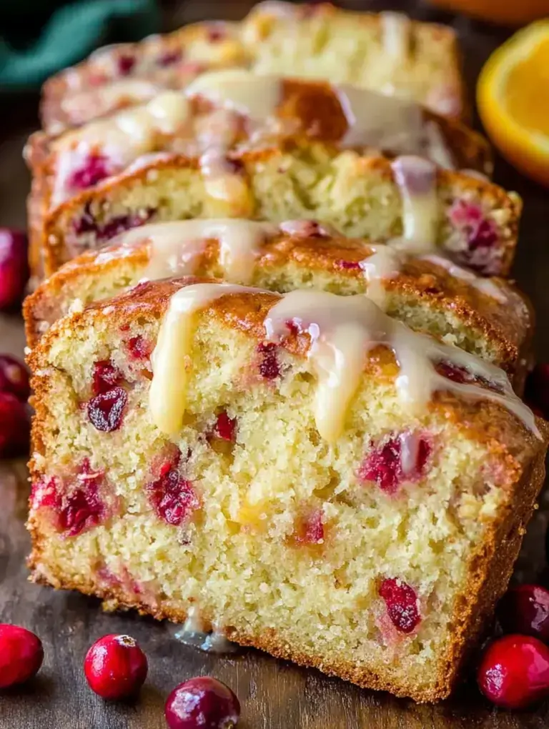 A sliced loaf of Cranberry Bread with Orange Glaze on a wooden board