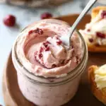 A decorative bowl filled with light pink whipped Cranberry Honey Butter and orange zest flecks