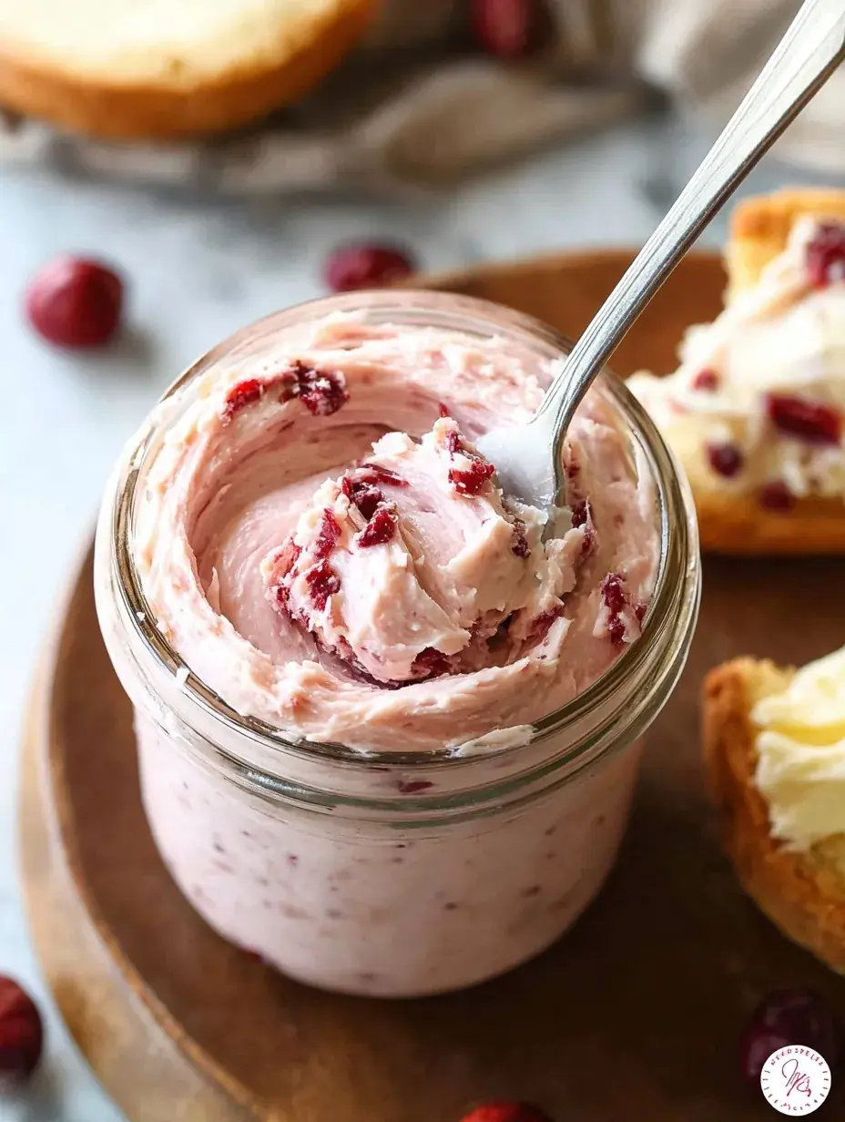 A decorative bowl filled with light pink whipped Cranberry Honey Butter and orange zest flecks