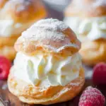 Golden brown Classic Cream Puffs filled with white whipped cream and dusted with powdered sugar on a plate.