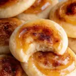 A close up of Creme Brûlée Cookies with a golden caramelized sugar top and vanilla bean frosting.