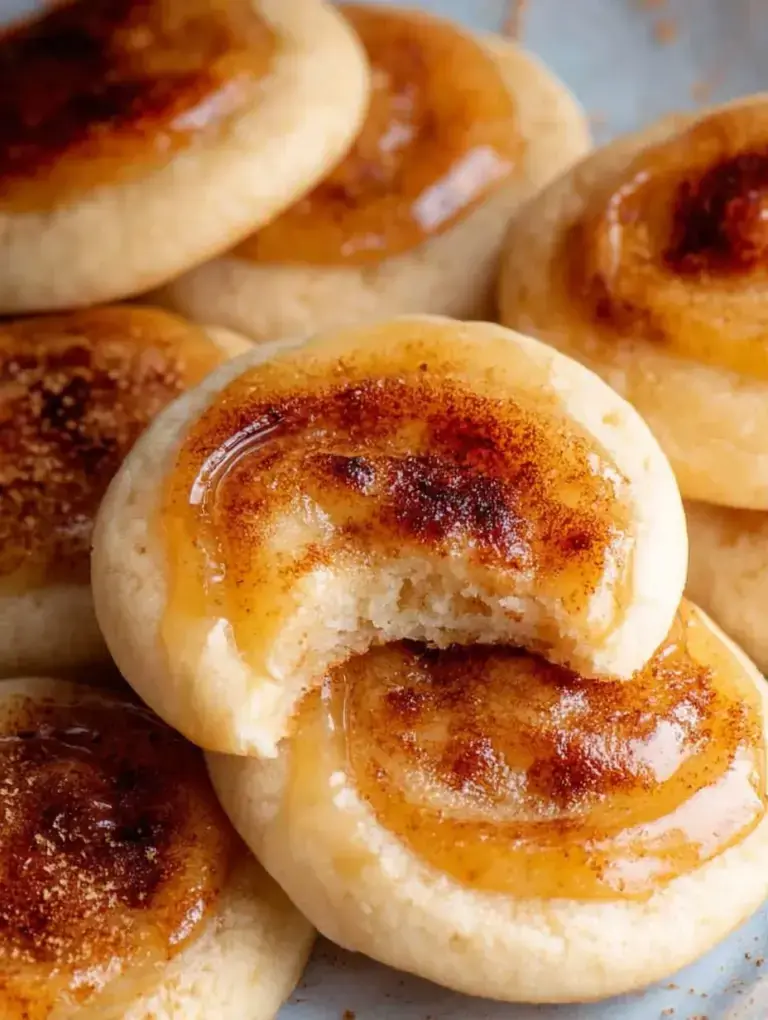A close up of Creme Brûlée Cookies with a golden caramelized sugar top and vanilla bean frosting.