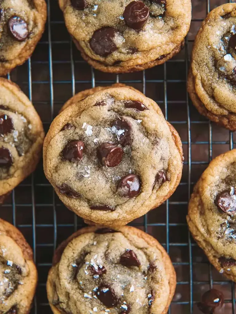 Freshly baked Crispy and Chewy Chocolate Chip Cookies on a wire rack with melting chocolate chips