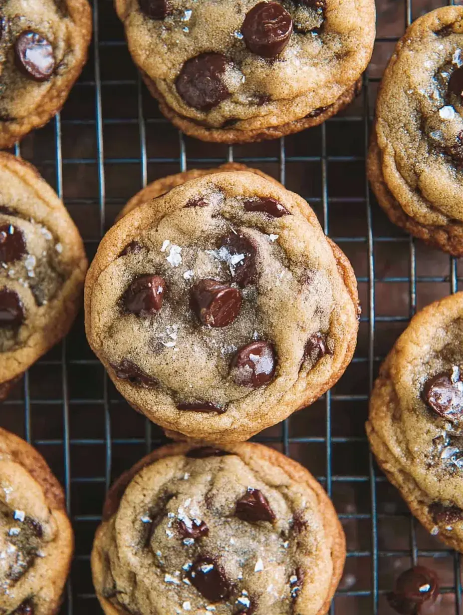 Freshly baked Crispy and Chewy Chocolate Chip Cookies on a wire rack with melting chocolate chips