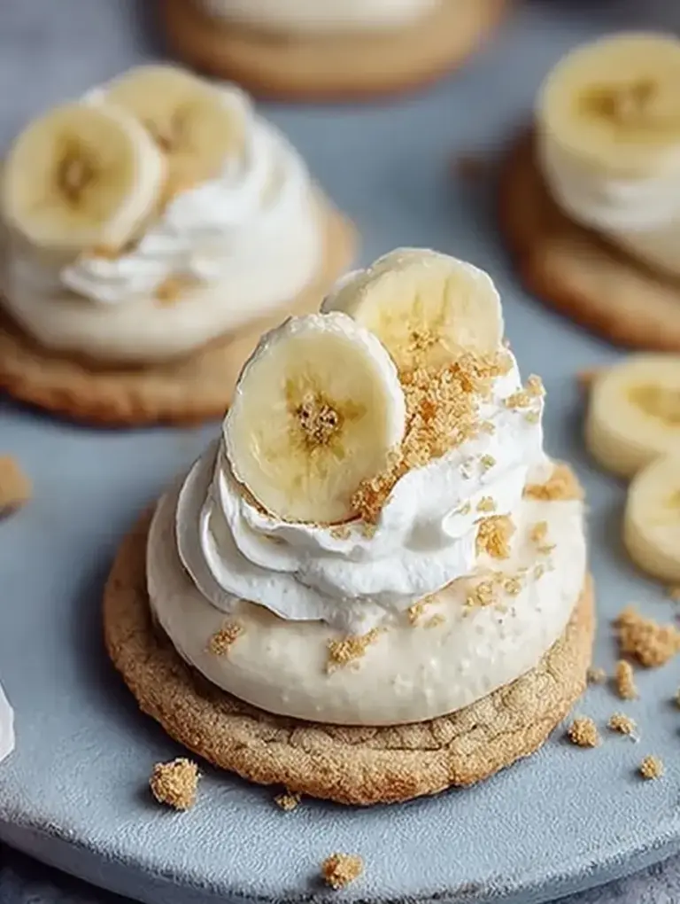 A plate of chilled Crumbl Banana Cream Pie Cookies topped with whipped cream and a vanilla wafer