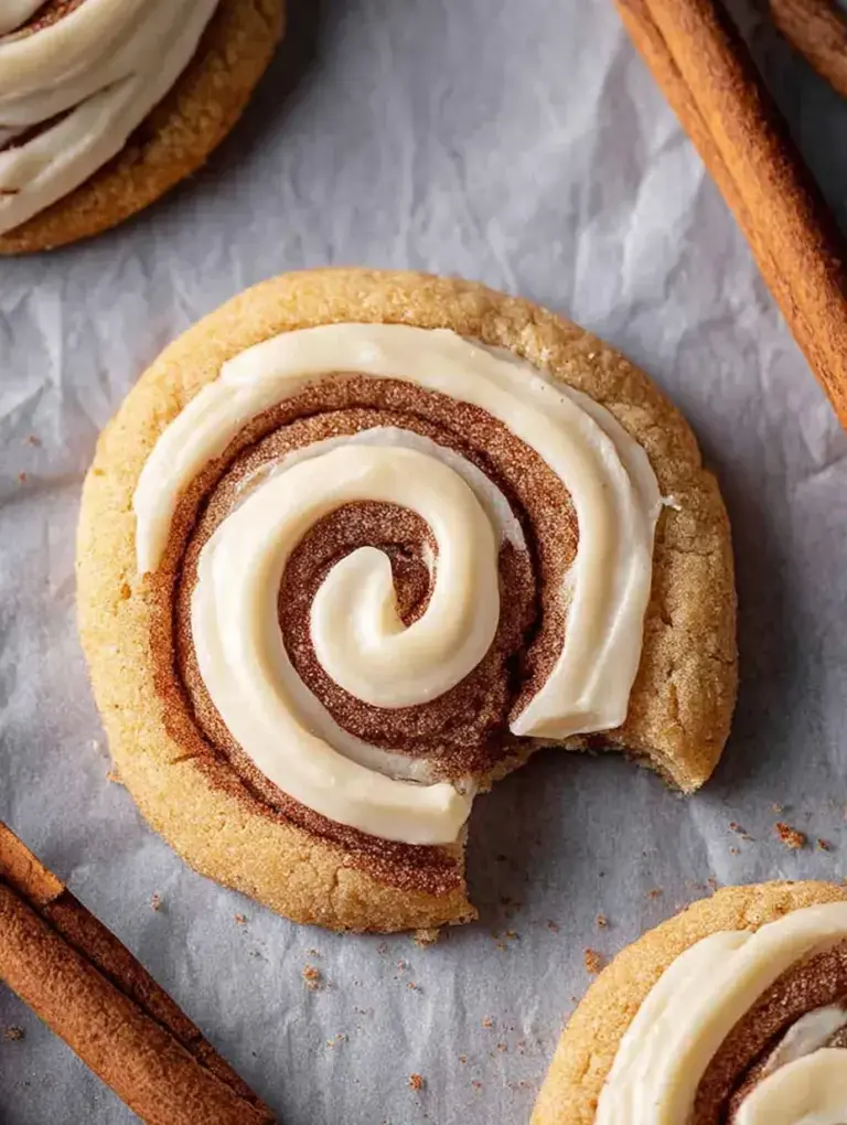 Large Crumbl Cinnamon Swirl Cookies with a spiral of cream cheese frosting on a baking sheet