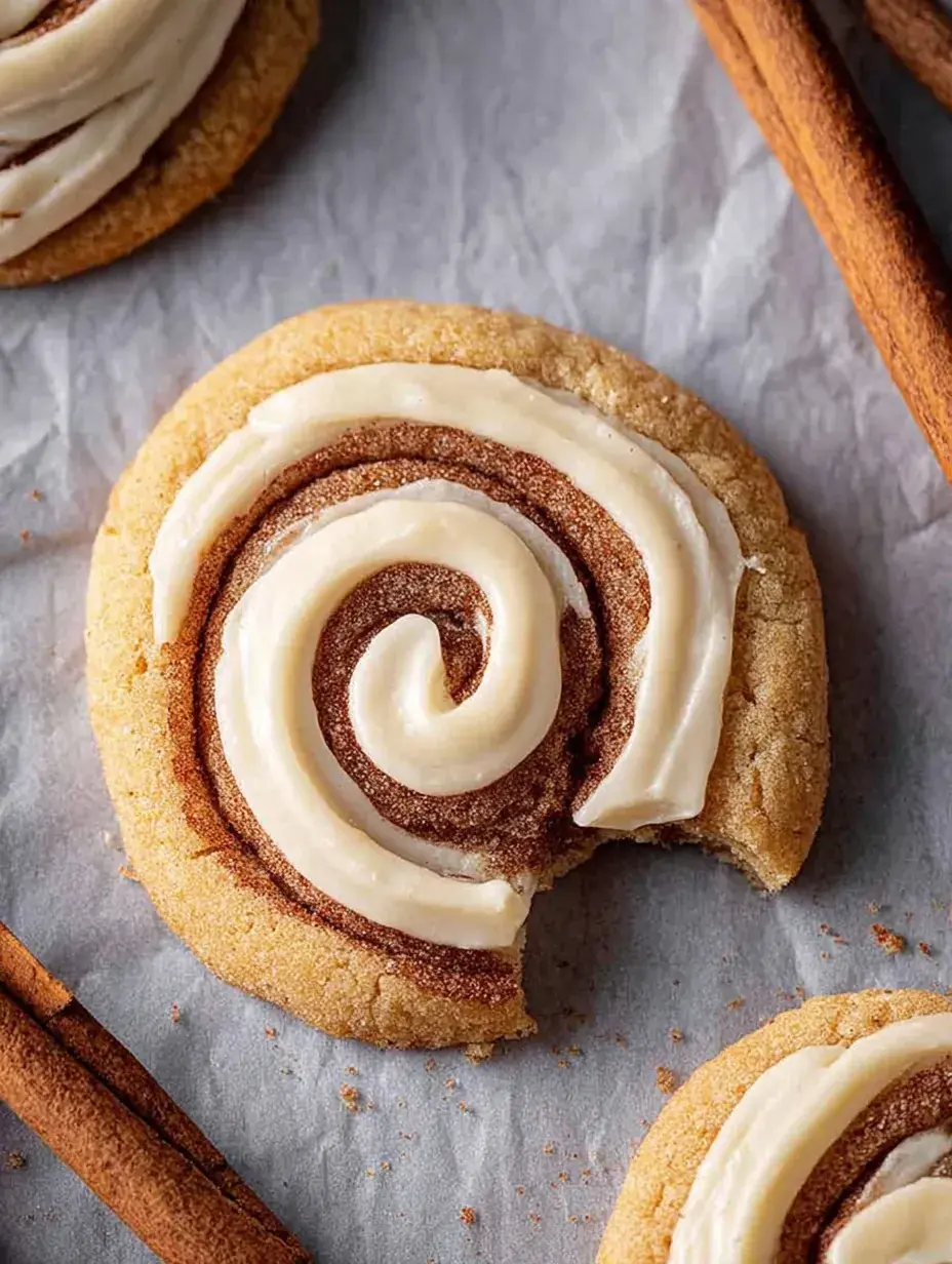 Large Crumbl Cinnamon Swirl Cookies with a spiral of cream cheese frosting on a baking sheet
