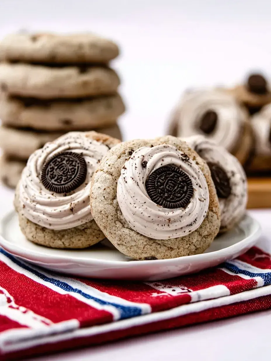Chilled Crumbl Cookies & Cream Milkshake Cookies with frosting and mini cookie garnish