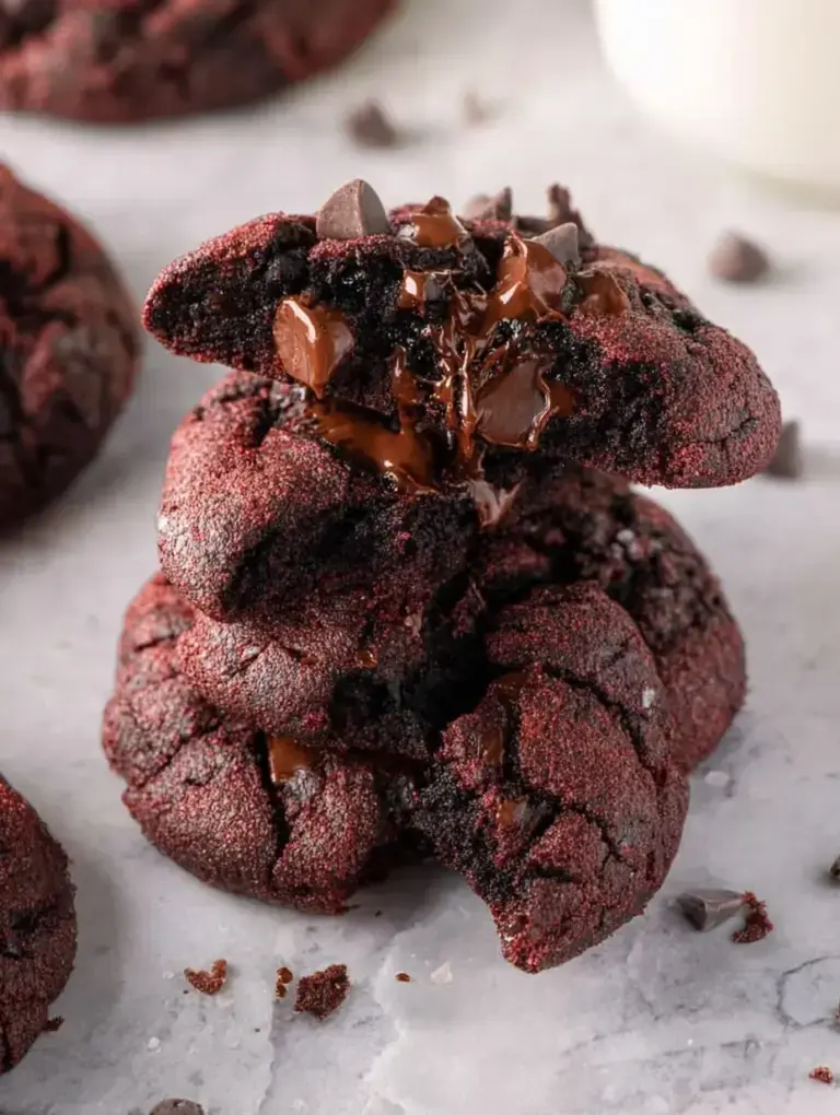 A close up of a thick dark chocolate Crumbl Dark Dream Cookie with melted chocolate chips on top.