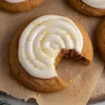Large soft Crumbl Gingerbread Cookies topped with a spiral of cream cheese frosting on a baking sheet.