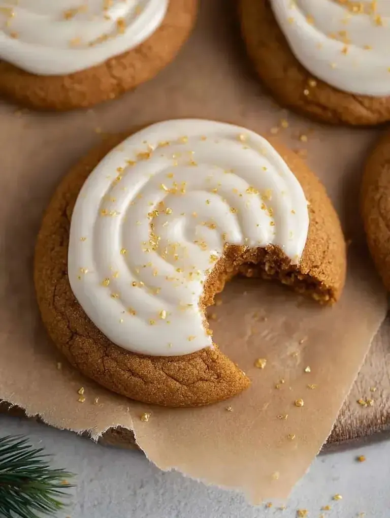 Large soft Crumbl Gingerbread Cookies topped with a spiral of cream cheese frosting on a baking sheet.