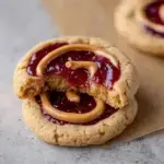 Large thick Peanut Butter and Jelly Cookies with a frosting ring and grape jelly center on a baking sheet