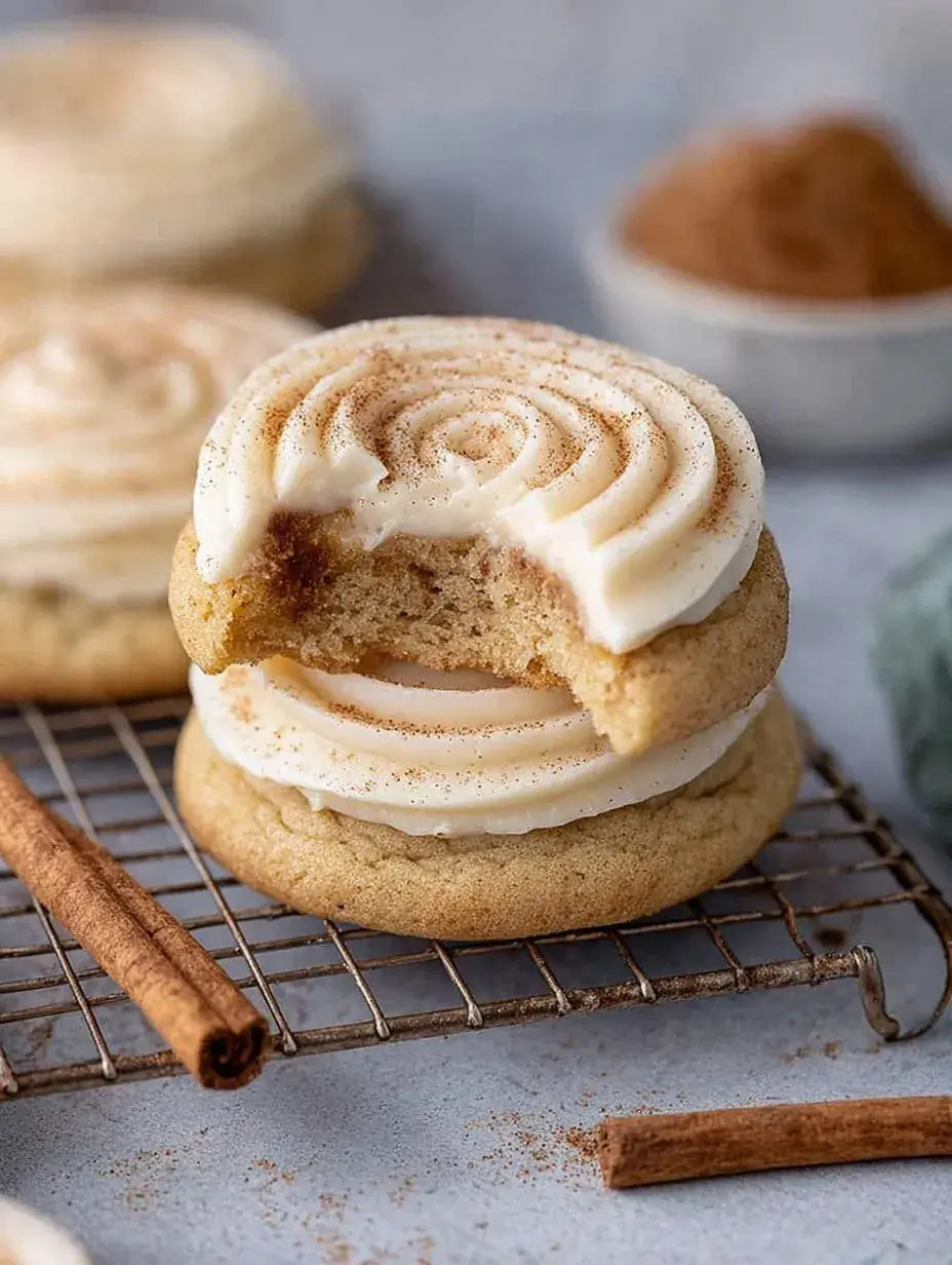 Large Crumbl Snickerdoodle Cupcake Cookies with a thick swirl of cream cheese frosting on a cooling rack