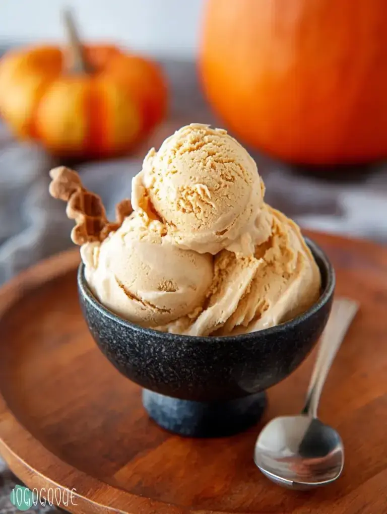A scoop of creamy Dairy-Free Paleo Pumpkin Ice Cream in a bowl with a sprinkle of cinnamon