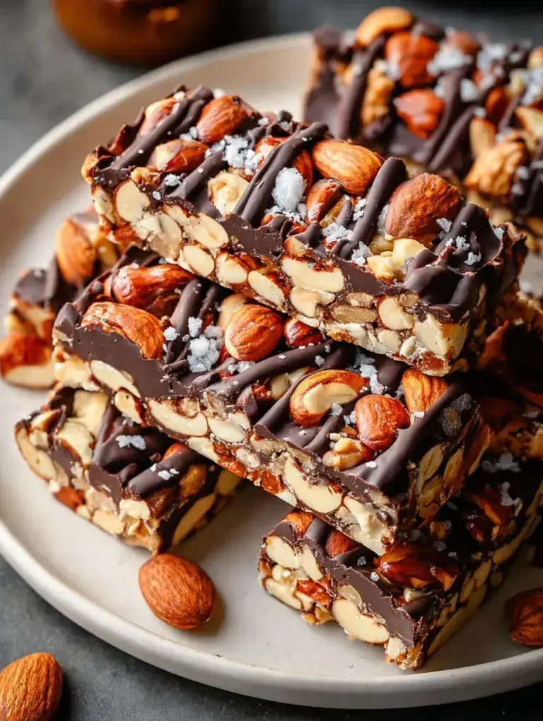 A close up view of Dark Chocolate and Sea Salt Nut Bars showing the drizzled chocolate and flaky salt