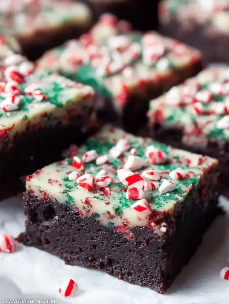 A stack of fudgy Dark Chocolate Peppermint Brownies topped with crushed candy canes on a festive plate.