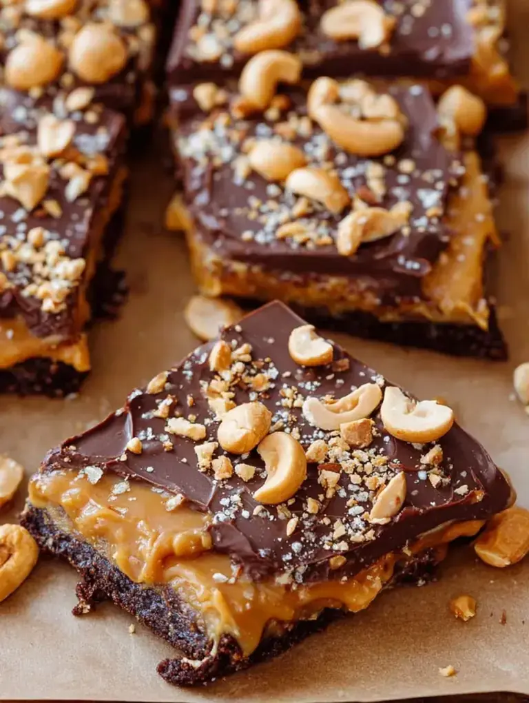 A tray of chocolate-covered Date Snickers sprinkled with sea salt on parchment paper