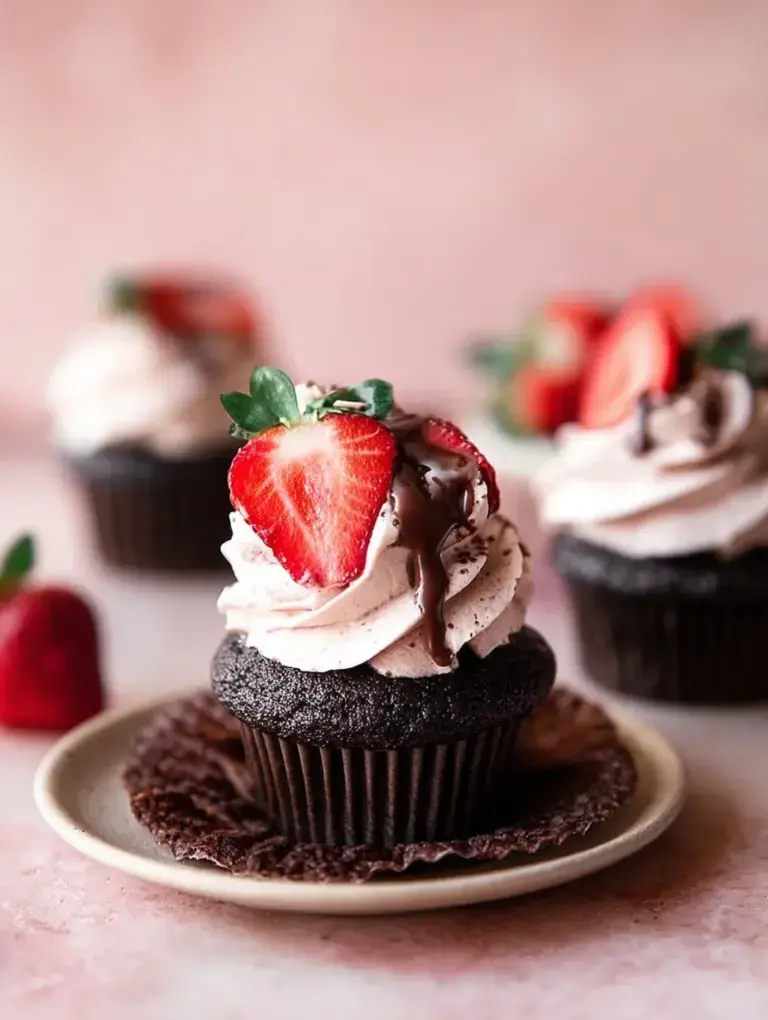 Freshly frosted Decadent Chocolate Strawberry Cupcakes with fresh berries on top