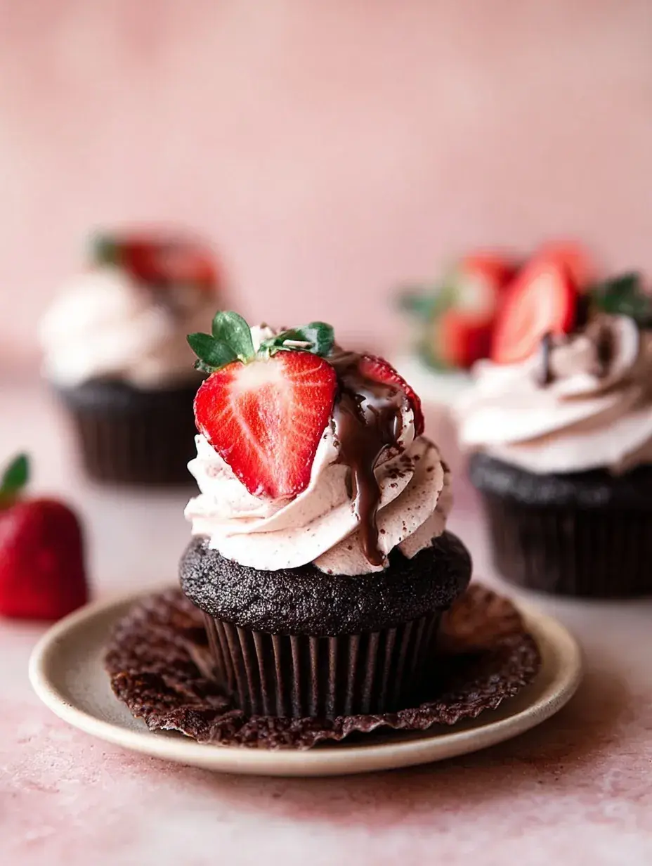 Freshly frosted Decadent Chocolate Strawberry Cupcakes with fresh berries on top