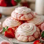 A close up shot of a Crumbl Strawberry Shortcake Cookies with whipped cream and fresh strawberries