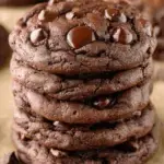 A stack of warm Double Chocolate Chip Cookies with melty chocolate chips on a cooling rack