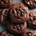 A pile of warm Double Chocolate Chip Cookies with melted chocolate chips