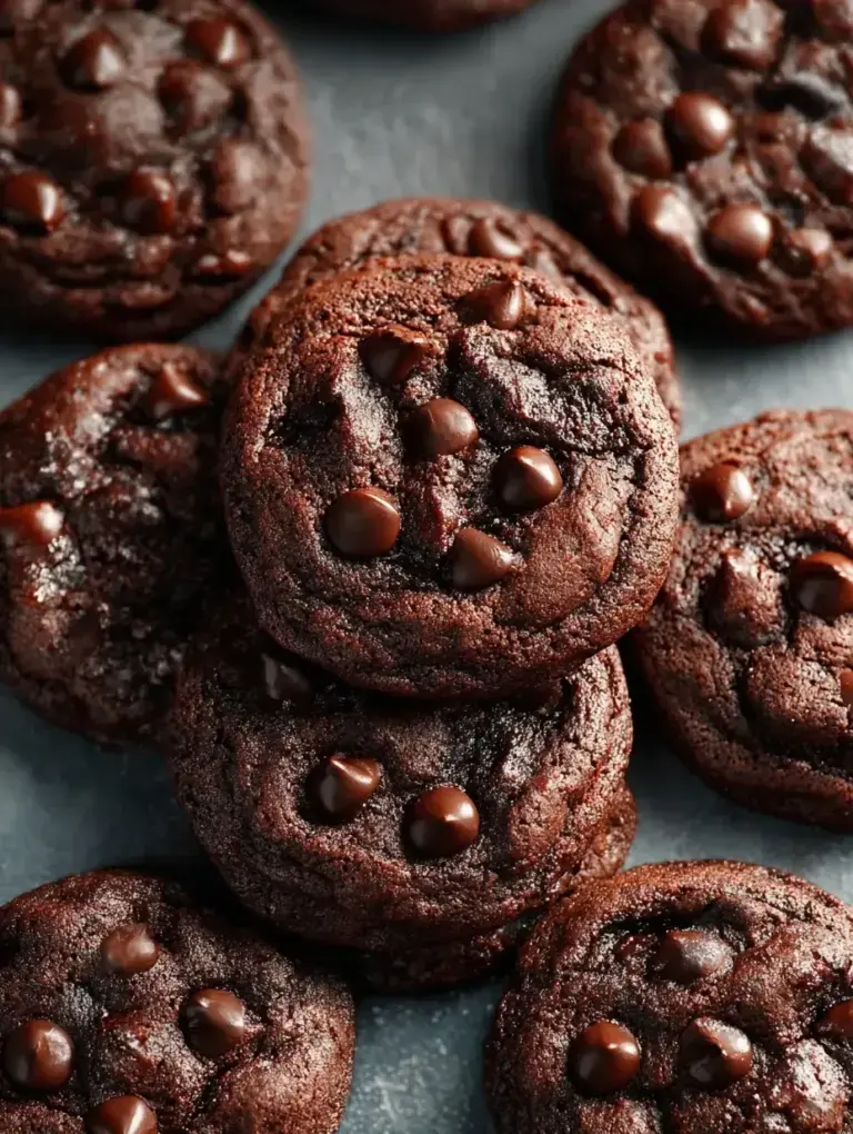 A pile of warm Double Chocolate Chip Cookies with melted chocolate chips