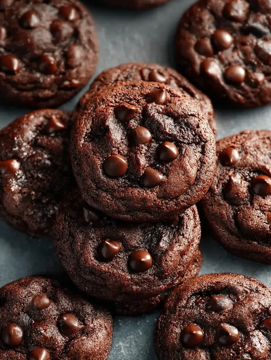 A pile of warm Double Chocolate Chip Cookies with melted chocolate chips