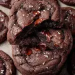 Freshly baked Double Chocolate Cookies on a cooling rack with melty chocolate chips