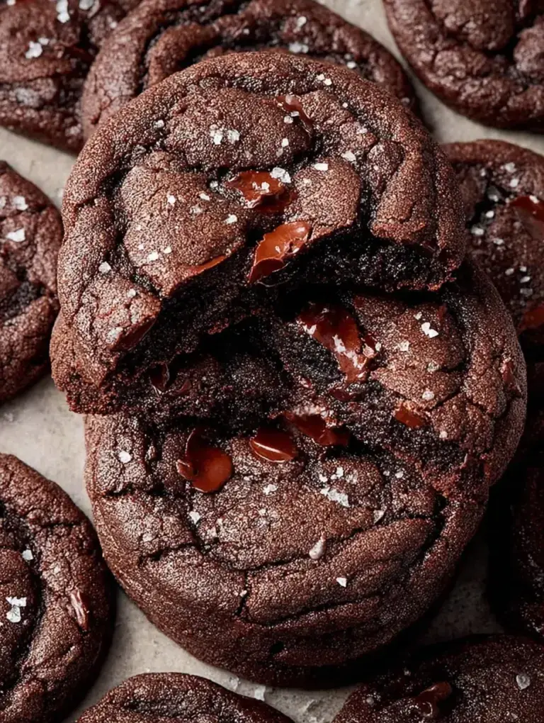 Freshly baked Double Chocolate Cookies on a cooling rack with melty chocolate chips