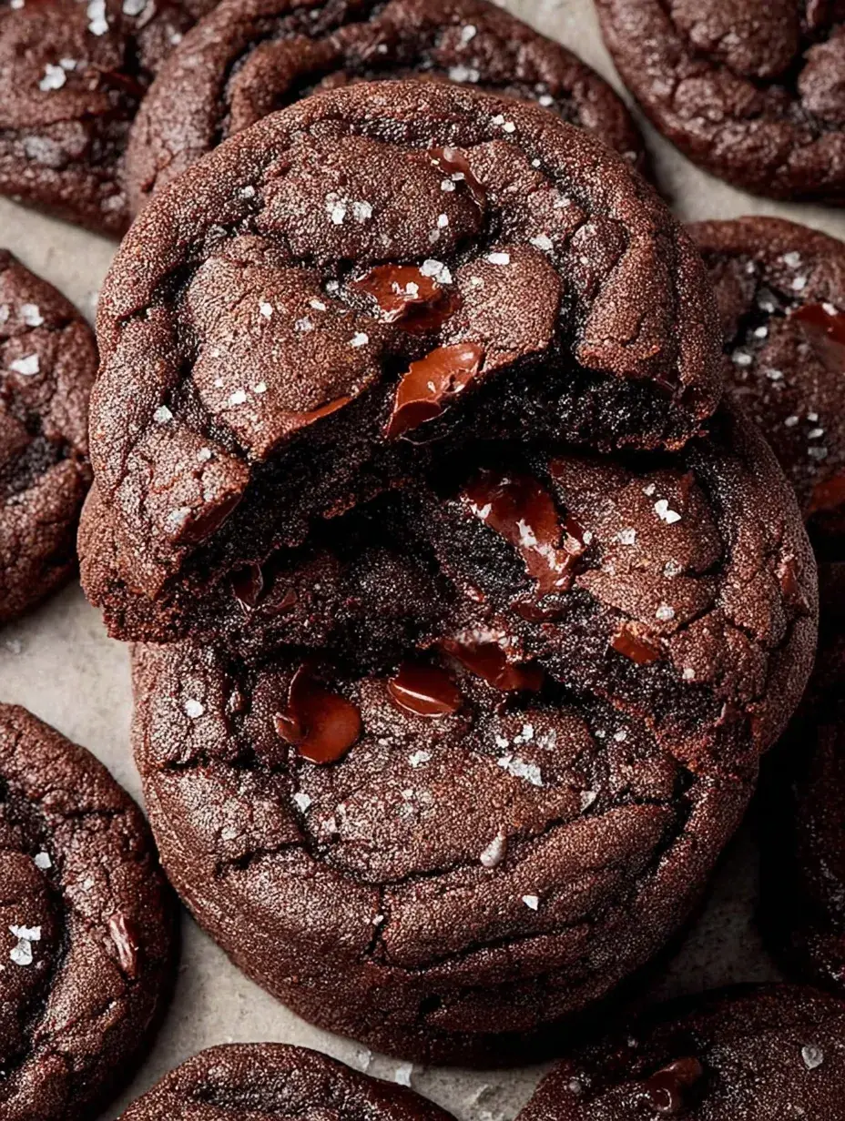 Freshly baked Double Chocolate Cookies on a cooling rack with melty chocolate chips