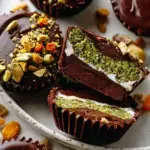 A tray of homemade Dubai Chocolate Cups showing the green pistachio and kataifi filling inside a snapped chocolate shell.