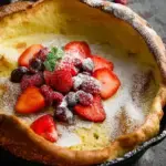 A golden brown Dutch Baby Pancake in a cast iron skillet topped with powdered sugar and lemon.