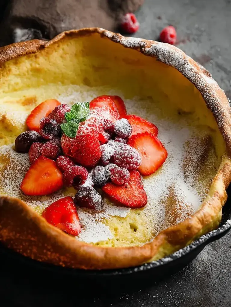A golden brown Dutch Baby Pancake in a cast iron skillet topped with powdered sugar and lemon.