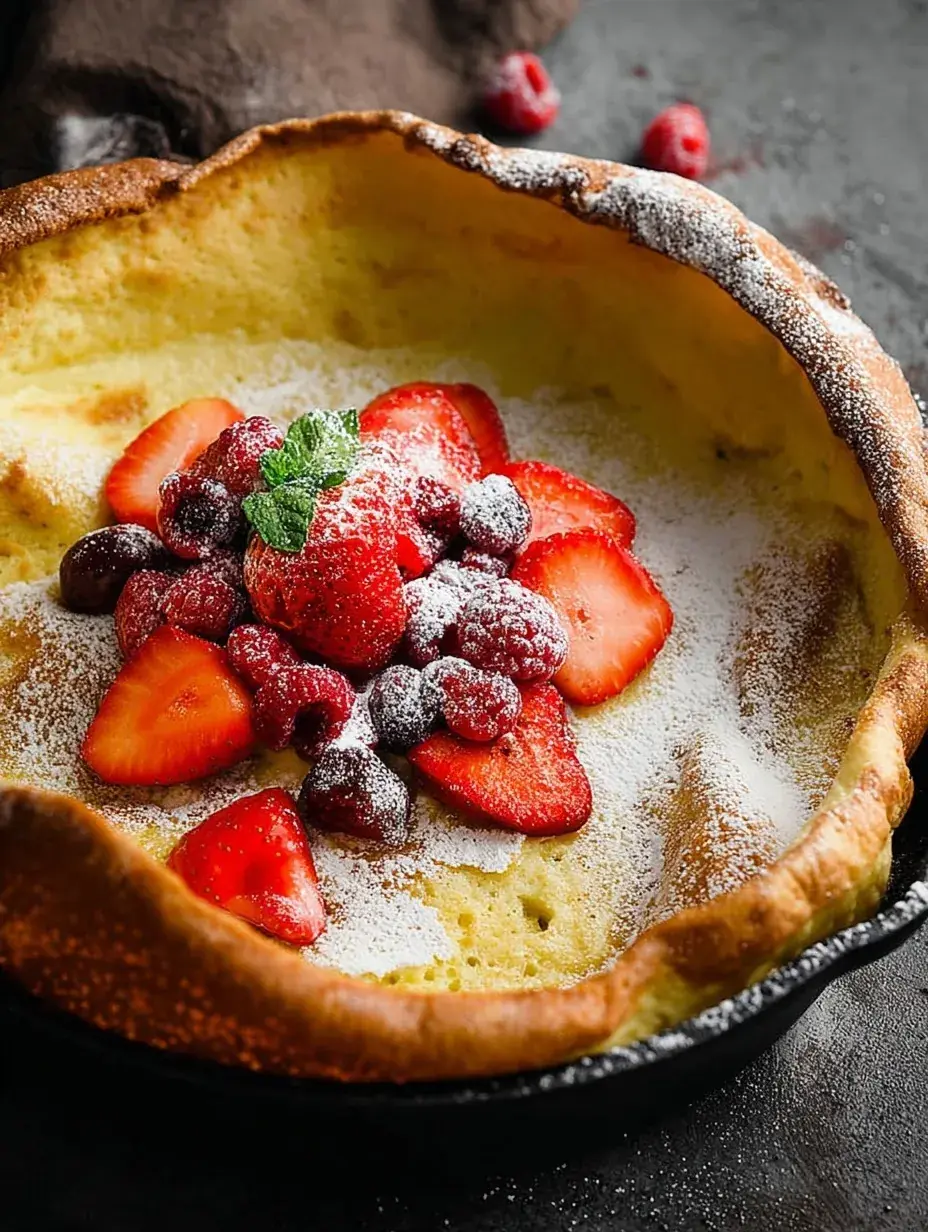 A golden brown Dutch Baby Pancake in a cast iron skillet topped with powdered sugar and lemon.