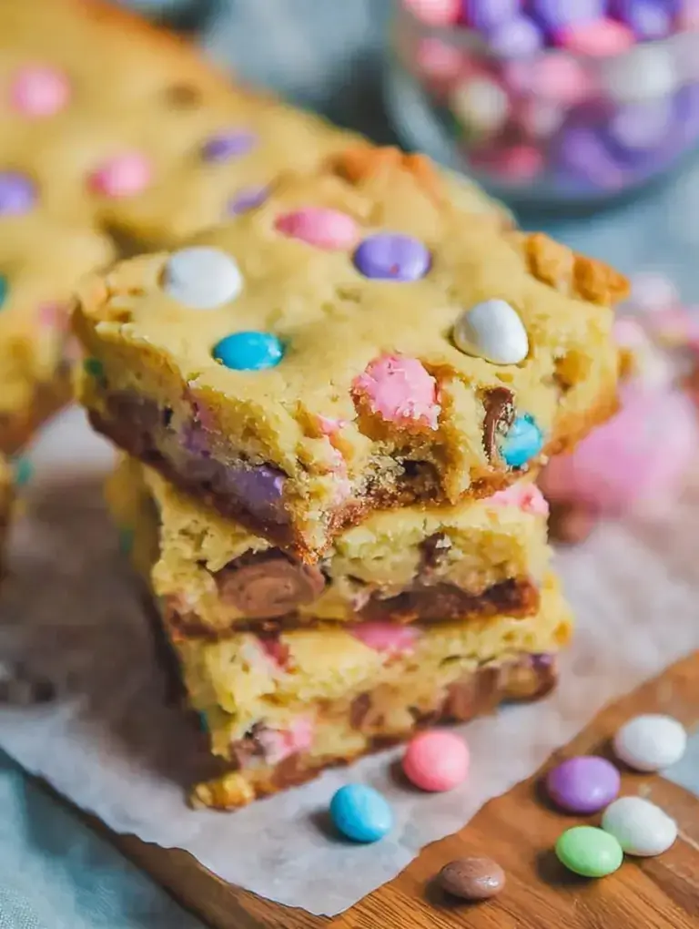 A pan of soft yellow Easter Cake Mix Cookie Bars topped with pastel candies and sprinkles.