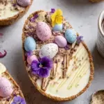 Four chocolate egg halves filled with creamy Easter Egg Cheesecake and topped with mini eggs.