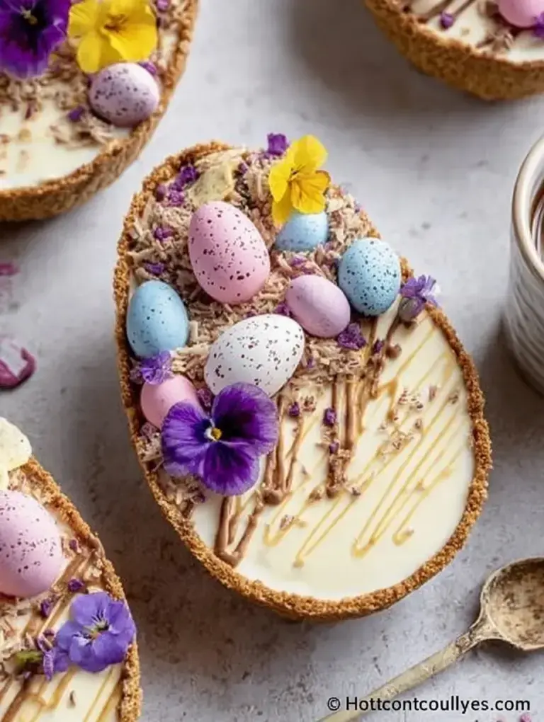 Four chocolate egg halves filled with creamy Easter Egg Cheesecake and topped with mini eggs.