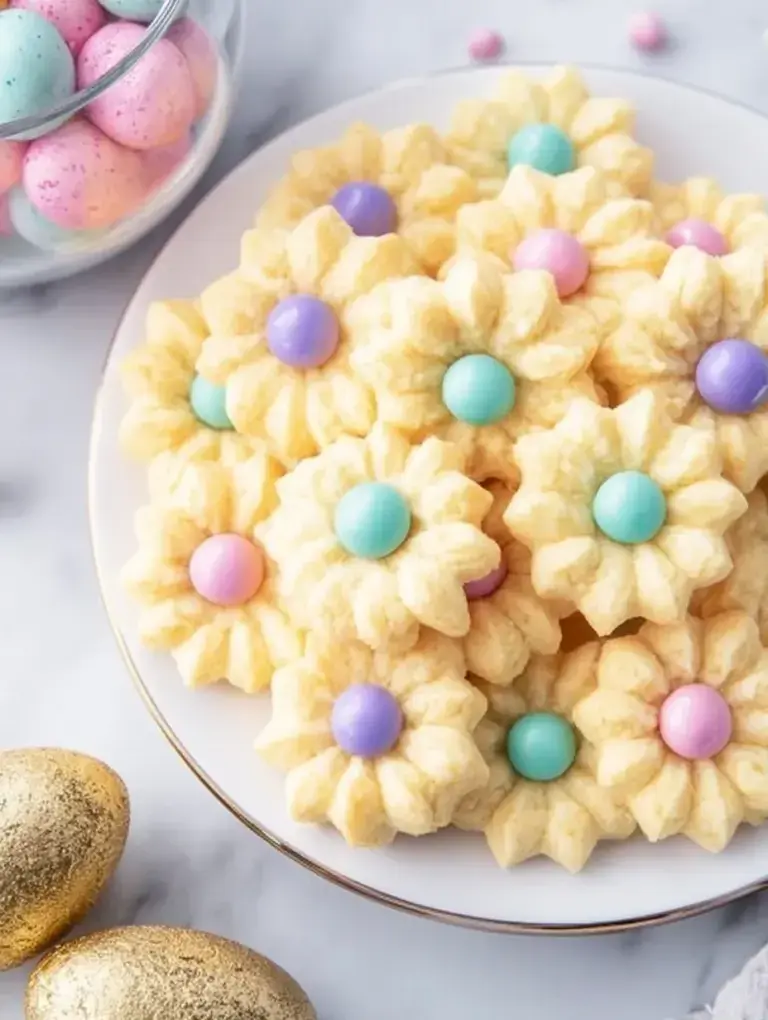 A tray of colorful Easter Spritz Cookies in shapes of eggs and flowers on a white plate