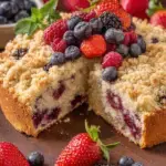 A square slice of Easy Berry Cake with Crumb Topping showing fresh blueberries and raspberries inside a soft cake layer.