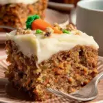 A slice of Easy Carrot Cake Made with Cake Mix topped with thick cream cheese frosting on a white plate