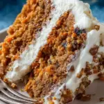 A double layer Easy Carrot Cake topped with thick cream cheese frosting and chopped pecans on a rustic wooden table.