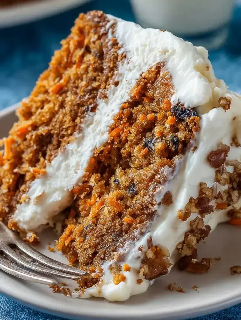 A double layer Easy Carrot Cake topped with thick cream cheese frosting and chopped pecans on a rustic wooden table.