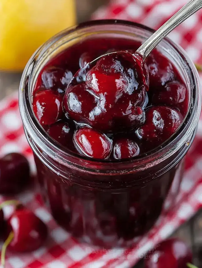 A small glass jar filled with glossy easy cherry sauce showing whole cherries and a thick red syrup.