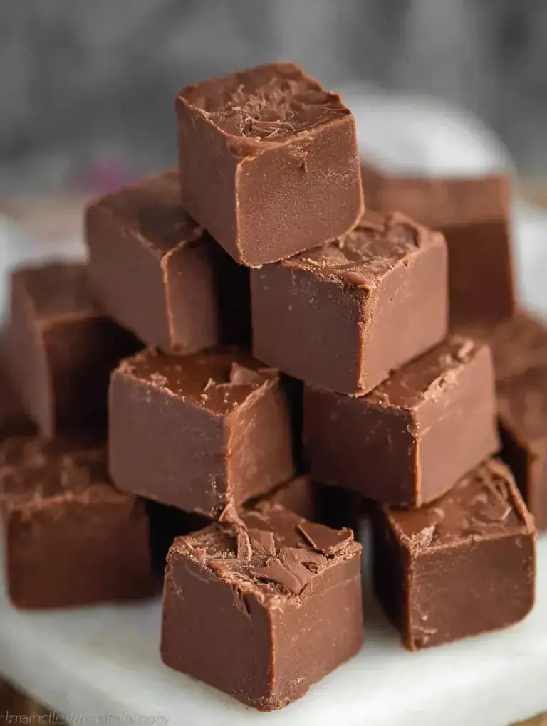 A close up shot of square pieces of Easy Chocolate Fudge stacked on a wooden board.