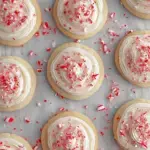 A tray of Easy Christmas Peppermint Sugar Cookies with white chocolate drizzle and crushed candy canes